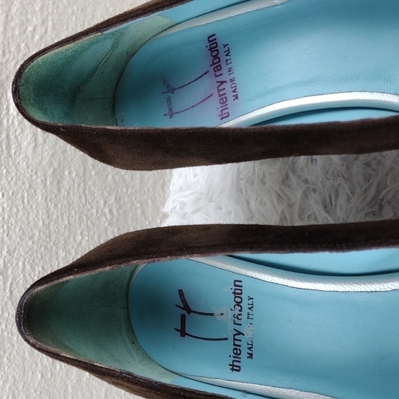 Thierry Rabotin Vintage Brown Suede Leather Almond Peep Toe Blocked Heel Shoe - Picture 11 of 15